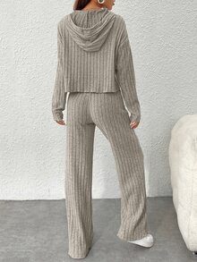 SHEIN PETITE Women Grey Autumn Casual Lounge Two-Piece Set,Rib-Knit Hooded Long Sleeve Sweatshirt & Pants Outfits,Solid Color Drop Shoulder Regular Fit Tracksuit ,Petite Women - Khaki - View 2
