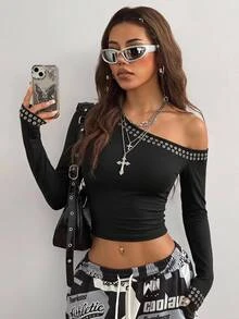 Coolane 女童秋冬日常穿著必備針織彈性舒適不對稱領長袖上衣 - 黑色 - 查看 1