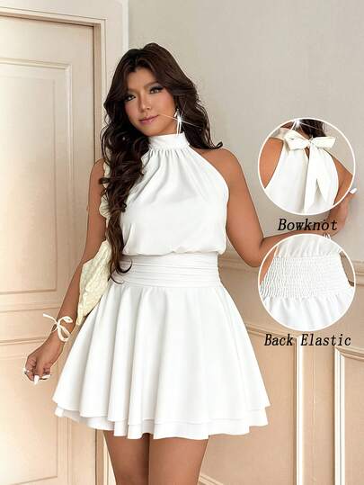 Vionelle Plus Size Elegant Pleated Halter Neck Sleeveless Tie-Up Double Layer Ruffle Gathered Waist Dress