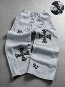 PAVTROS 男士街頭風熱銷 INS 風格拼接設計，附華麗字母泡棉印花裝飾，休閒日常穿搭，男友/丈夫禮物，週年紀念禮物，卡其色寬腿運動長褲 - 淺灰色 - 查看 3