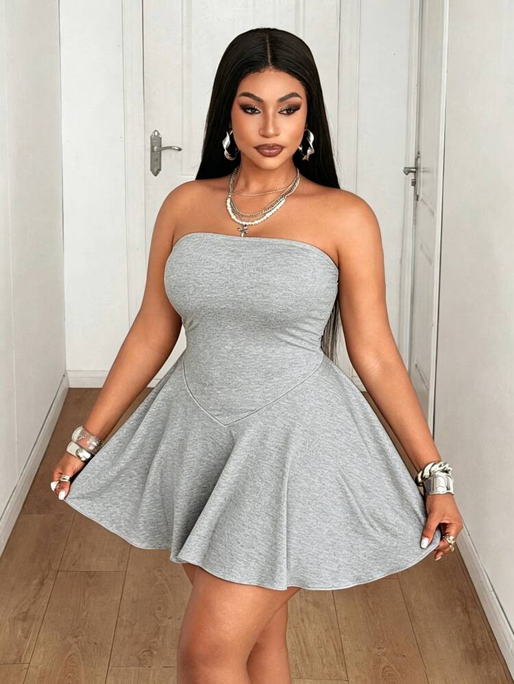 Maweii Plus Size Women's Summer Solid Color Strapless Cinched Waist A-Line Skort, Commute, Business Office - Grey - View 5