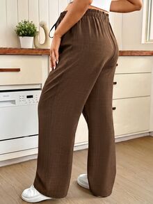 SHEIN 孕婦純色可調腰圍休閒百搭日常穿著長褲 秋季 - 咖啡棕 - 查看 2