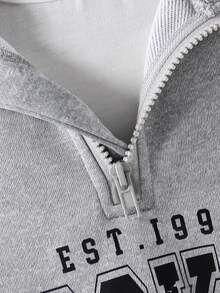 SHEIN Sparklyn Tween Girls Half Zip Drop Shoulder Sweatshirt Brooklyn Letter Graphic Print Grey Quarter Zip Oversized Pullover Top - Light Grey - View 4