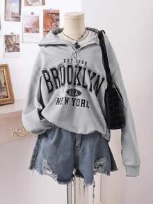 SHEIN Sparklyn Tween Girls Half Zip Drop Shoulder Sweatshirt Brooklyn Letter Graphic Print Grey Quarter Zip Oversized Pullover Top - Light Grey - View 1