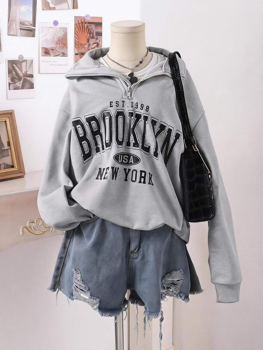 SHEIN Sparklyn Tween Girls Half Zip Drop Shoulder Sweatshirt Brooklyn Letter Graphic Print Grey Quarter Zip Oversized Pullover Top - Light Grey - View 1