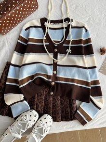 Comfortcana Plus Size Vintage Striped Fitted Elastic Long Sleeve Knit Cardigan - Multicolor - View 1