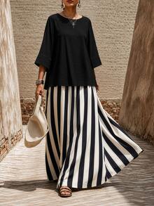 SHEIN LUNE CURVE Plus Size Women's 3/4 Sleeve Round Neck Blouse And Striped Dress Set, Suitable For Daily Commute And Casual Wear - Multicolor - View 3