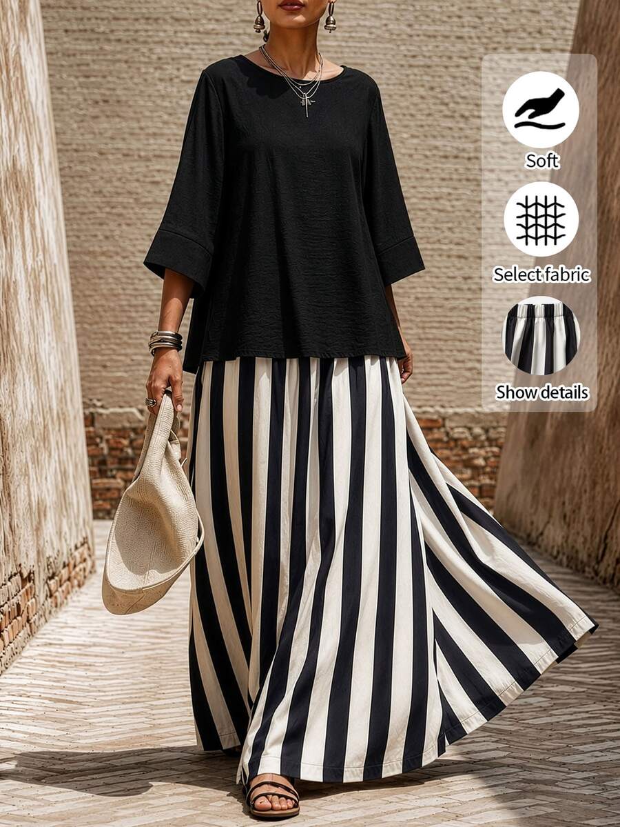 SHEIN LUNE CURVE Plus Size Women's 3/4 Sleeve Round Neck Blouse And Striped Dress Set, Suitable For Daily Commute And Casual Wear - Multicolor - View 1