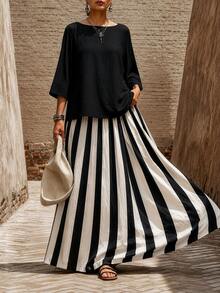 SHEIN LUNE CURVE Plus Size Women's 3/4 Sleeve Round Neck Blouse And Striped Dress Set, Suitable For Daily Commute And Casual Wear - Multicolor - View 7