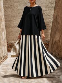 SHEIN LUNE CURVE Plus Size Women's 3/4 Sleeve Round Neck Blouse And Striped Dress Set, Suitable For Daily Commute And Casual Wear - Multicolor - View 8