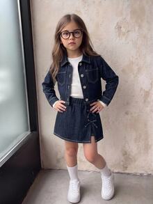 SHEIN Genkimix Kids 2pcs/Set Young Girls Navy Blue Denim Short Jacket And Skirt, Decorated With Bows, Fashionable New Style,Suitable For Spring, Autumn,Fall,And Winter - Dark Wash - View 3