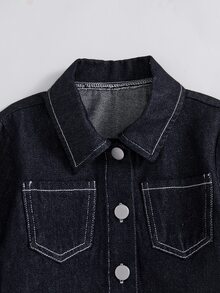 SHEIN Genkimix Kids 2pcs/Set Young Girls Navy Blue Denim Short Jacket And Skirt, Decorated With Bows, Fashionable New Style,Suitable For Spring, Autumn,Fall,And Winter - Dark Wash - View 10