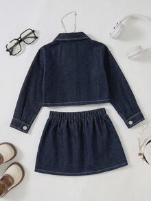 SHEIN Genkimix Kids 2pcs/Set Young Girls Navy Blue Denim Short Jacket And Skirt, Decorated With Bows, Fashionable New Style,Suitable For Spring, Autumn,Fall,And Winter - Dark Wash - View 6