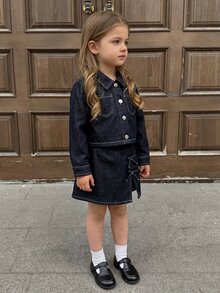 SHEIN Genkimix Kids 2pcs/Set Young Girls Navy Blue Denim Short Jacket And Skirt, Decorated With Bows, Fashionable New Style,Suitable For Spring, Autumn,Fall,And Winter - Dark Wash - View 11