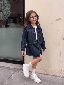 SHEIN Genkimix Kids 2pcs/Set Young Girls Navy Blue Denim Short Jacket And Skirt, Decorated With Bows, Fashionable New Style,Suitable For Spring, Autumn,Fall,And Winter - Dark Wash - View 2
