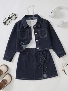 SHEIN Genkimix Kids 2pcs/Set Young Girls Navy Blue Denim Short Jacket And Skirt, Decorated With Bows, Fashionable New Style,Suitable For Spring, Autumn,Fall,And Winter - Dark Wash - View 5