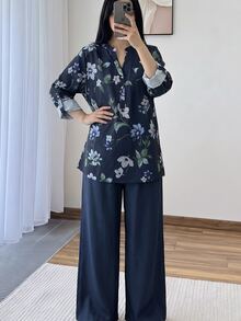 Lacomfia 女款印花長袖襯衫與寬腿褲休閒百搭大尺碼兩件套 - 彩色 - 查看 7