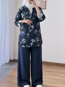 Lacomfia 女款印花長袖襯衫與寬腿褲休閒百搭大尺碼兩件套 - 彩色 - 查看 4