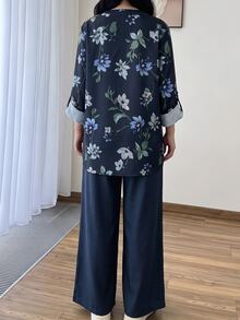 Lacomfia 女款印花長袖襯衫與寬腿褲休閒百搭大尺碼兩件套 - 彩色 - 查看 2