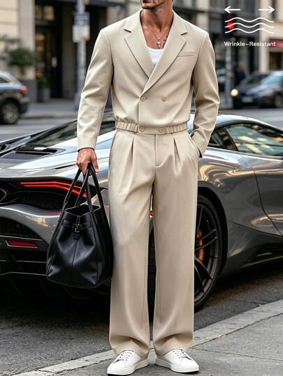 HUEFORM Men's Khaki Double-Breasted Notch Lapel Blazer And Pleated Wide Leg Trousers Suit Set