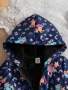 SHEIN 女嬰秋冬新款休閒可愛日系小碎花海軍藍花朵保暖加厚連帽保暖內裡外套 幼兒女童外套 - 寶藍色 - 查看 5