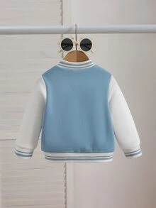SHEIN Baby Boy Blue & White Color‑Block Baseball Jacket, Letter Embroidery Long‑Sleeve Outerwear, Casual Coat For Spring Fall Daily Holiday Outdoor Play - Baby Blue - View 2
