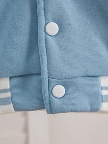 SHEIN Baby Boy Blue & White Color‑Block Baseball Jacket, Letter Embroidery Long‑Sleeve Outerwear, Casual Coat For Spring Fall Daily Holiday Outdoor Play - Baby Blue - View 5