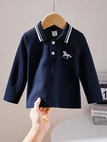 SHEIN 男嬰海軍藍米色馬刺繡長袖 Polo 上衣，學院風優雅大方圖案美學保守風 T-shirt，適合秋季生日 - 藏蓝色 - 查看 7