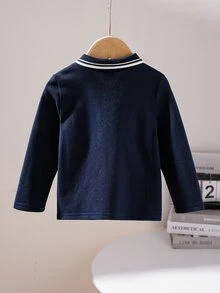 SHEIN 男嬰海軍藍米色馬刺繡長袖 Polo 上衣，學院風優雅大方圖案美學保守風 T-shirt，適合秋季生日 - 藏蓝色 - 查看 2
