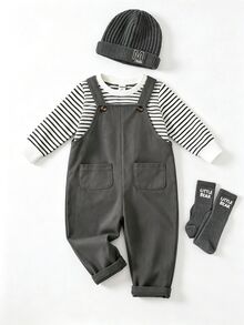 SHEIN 2件組男嬰條紋長袖上衣＋圍兜褲套裝，嬰兒實用休閒套裝，春秋款，黑白灰，簡約低調 - 彩色 - 查看 15