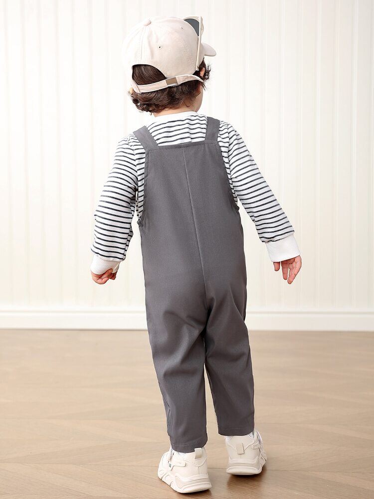 SHEIN 2pcs Baby Boy Striped Long Sleeve Top + Bib Pants Set, Practical Outfit For Infants, Spring Autumn Black And White Gray Casual Modest - Multicolor - View 2