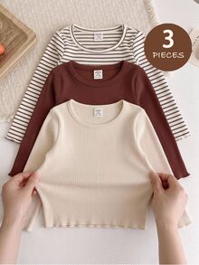 SHEIN 女嬰針織純色條紋圓領休閒T恤上衣 3件套 - 彩色 - 查看 4