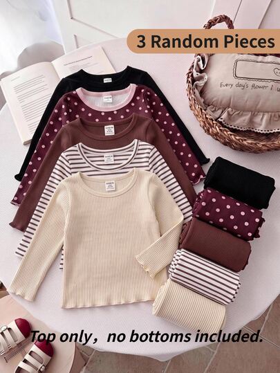 SHEIN Baby Girl Knit Solid Color Striped Crew Neck Casual T-Shirt Top 3pcs -Piece Set