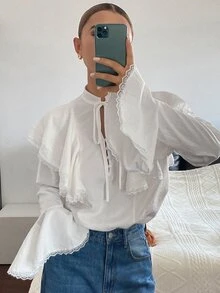 DAZY Blus Wanita Warna Polos Pas Badan dengan Lengan Lonceng Berkerut dan Ikatan Depan, Elegan, Romantis, Cocok untuk Liburan Musim Semi dan Gugur, Warna Putih. - Putih - View 11