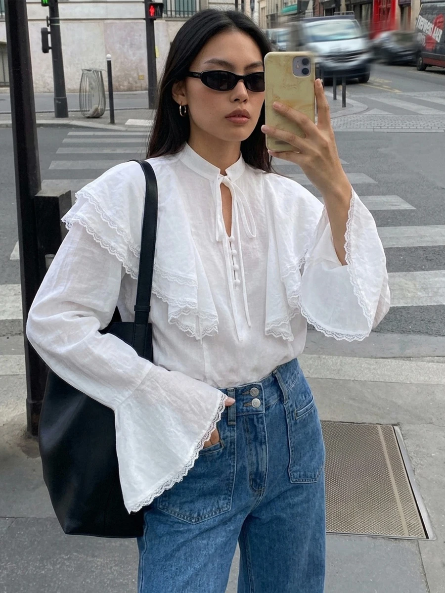 DAZY Blus Wanita Warna Polos Pas Badan dengan Lengan Lonceng Berkerut dan Ikatan Depan, Elegan, Romantis, Cocok untuk Liburan Musim Semi dan Gugur, Warna Putih. - Putih - View 1
