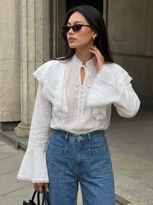 DAZY Blus Wanita Warna Polos Pas Badan dengan Lengan Lonceng Berkerut dan Ikatan Depan, Elegan, Romantis, Cocok untuk Liburan Musim Semi dan Gugur, Warna Putih. - Putih - View 4