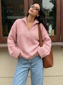 DAZY Women's Solid Color Loose High Neck Zipper Long Sleeve Casual Vacation Spring Autumn Pullover Knit Sweater - Pink - View 10