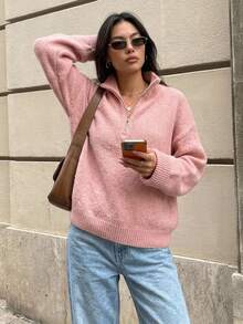 DAZY Women's Solid Color Loose High Neck Zipper Long Sleeve Casual Vacation Spring Autumn Pullover Knit Sweater - Pink - View 6