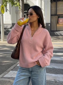 DAZY Women's Solid Color Loose High Neck Zipper Long Sleeve Casual Vacation Spring Autumn Pullover Knit Sweater - Pink - View 9