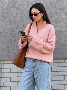 DAZY Women's Solid Color Loose High Neck Zipper Long Sleeve Casual Vacation Spring Autumn Pullover Knit Sweater - Pink - View 5
