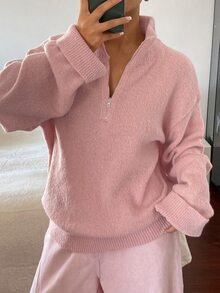 DAZY Women's Solid Color Loose High Neck Zipper Long Sleeve Casual Vacation Spring Autumn Pullover Knit Sweater - Pink - View 11