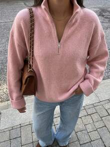 DAZY Women's Solid Color Loose High Neck Zipper Long Sleeve Casual Vacation Spring Autumn Pullover Knit Sweater - Pink - View 1