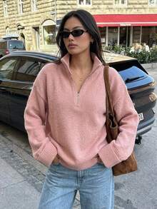 DAZY Women's Solid Color Loose High Neck Zipper Long Sleeve Casual Vacation Spring Autumn Pullover Knit Sweater - Pink - View 8