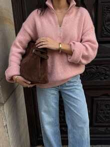 DAZY Women's Solid Color Loose High Neck Zipper Long Sleeve Casual Vacation Spring Autumn Pullover Knit Sweater - Pink - View 3