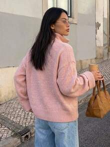 DAZY Women's Solid Color Loose High Neck Zipper Long Sleeve Casual Vacation Spring Autumn Pullover Knit Sweater - Pink - View 2