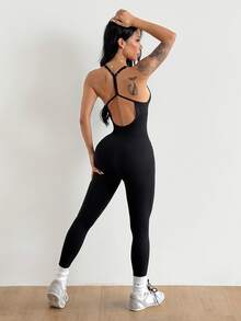 Coolane Women's Solid Color Back Waist V-Crossed Simple Casual Jumpsuit Gym Women Outfit Body Suit - Black - View 4