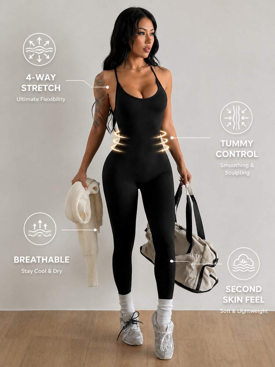 Coolane Women's Solid Color Back Waist V-Crossed Simple Casual Jumpsuit Gym Women Outfit Body Suit