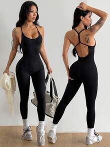 Coolane Women's Solid Color Back Waist V-Crossed Simple Casual Jumpsuit Gym Women Outfit Body Suit - Black - View 6