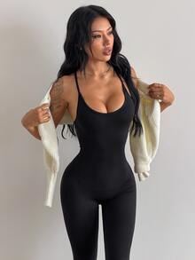 Coolane Women's Solid Color Back Waist V-Crossed Simple Casual Jumpsuit Gym Women Outfit Body Suit - Black - View 2