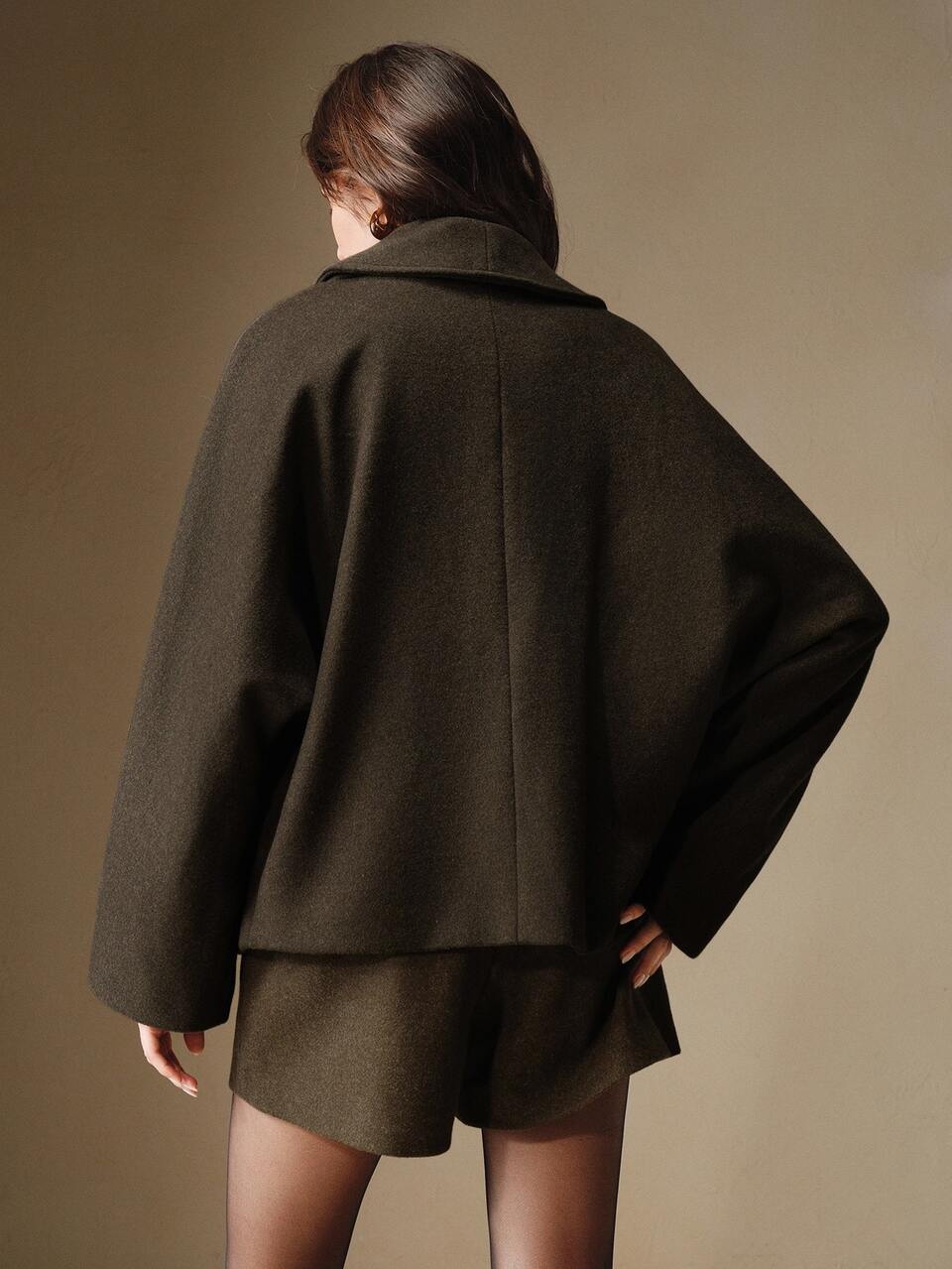 Anewsta Casual Women's Short Wool-Like Cloak Sleeve Overcoat With Shawl Collar And Double Button Detail In Coffee Brown
